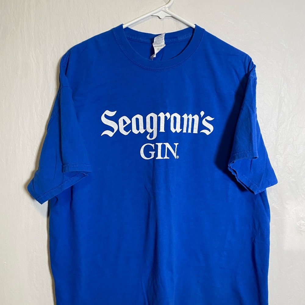 Blue Short Sleeve Tee with Gothic Seagram's Gin Logo